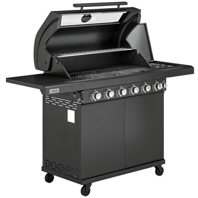 Outsunny 6+1 Burner Gas BBQ Grill, Outdoor Barbecue Trolley with Wheels, Warming Rack, Thermometer, Bottle Opener, Black 