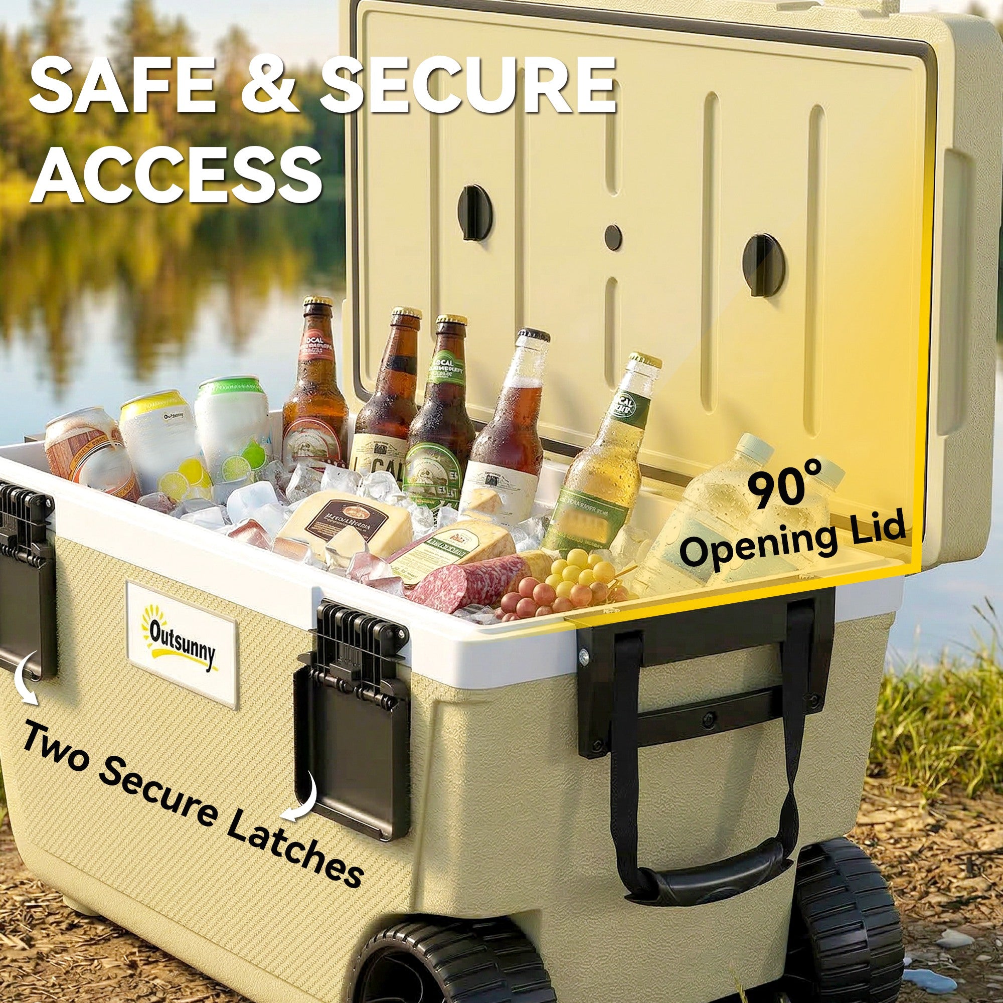 Outsunny 70L Insulated Cool Box with Wheels, Portable Ice Cooler with Handle, Lid and Drain Valve, Khaki 