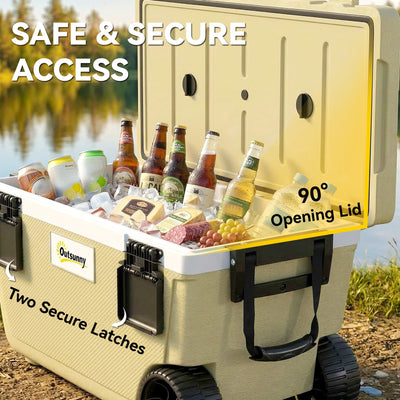 Outsunny 70L Insulated Cool Box with Wheels, Portable Ice Cooler with Handle, Lid and Drain Valve, Khaki 