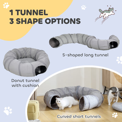 PawHut 2 in 1 Cat Tunnel with Bed, Cat Play Tunnel with Ball & Peek Hole for Indoor Cats, Grey 