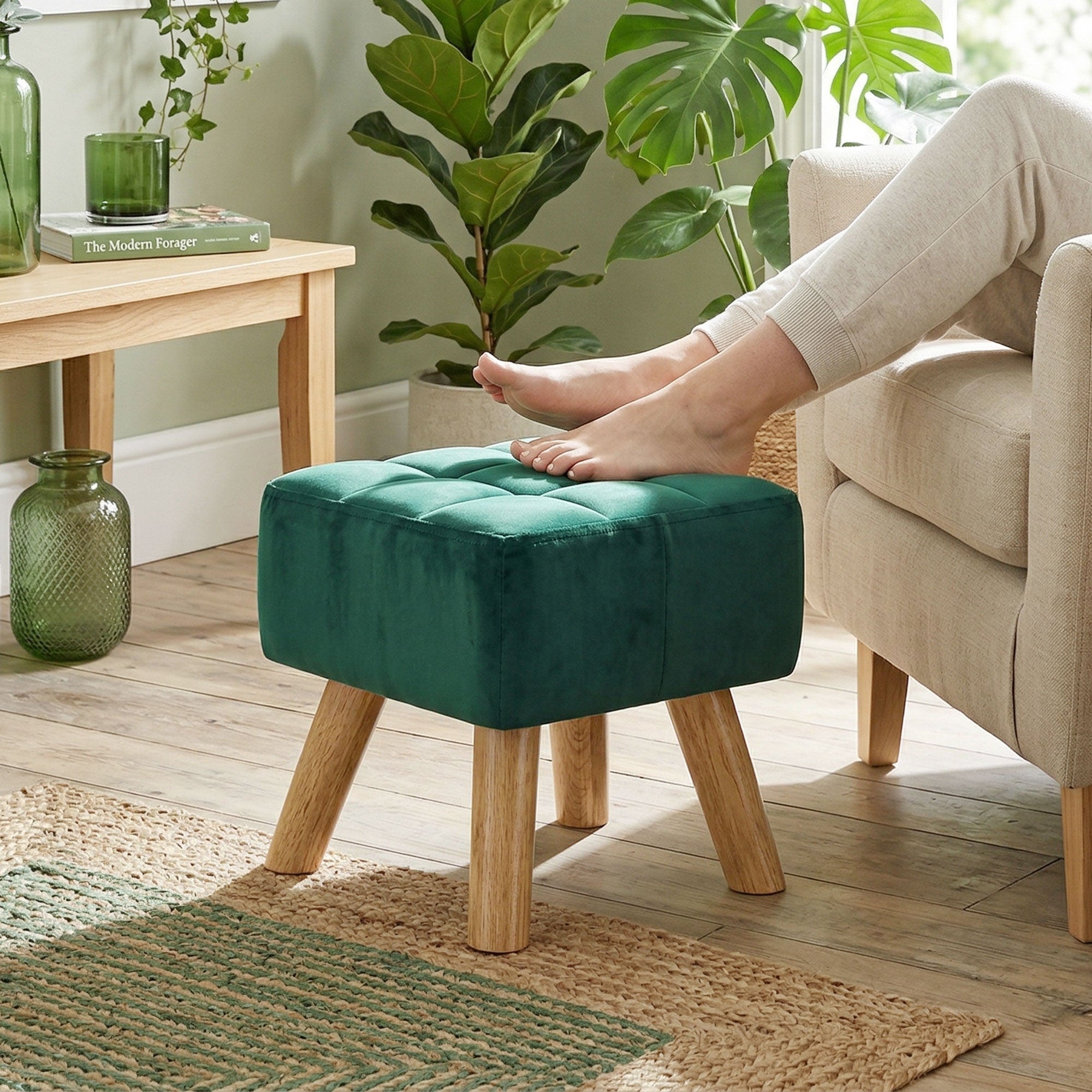HOMCOM Velvet Square Padded Footstool - Dark Green 