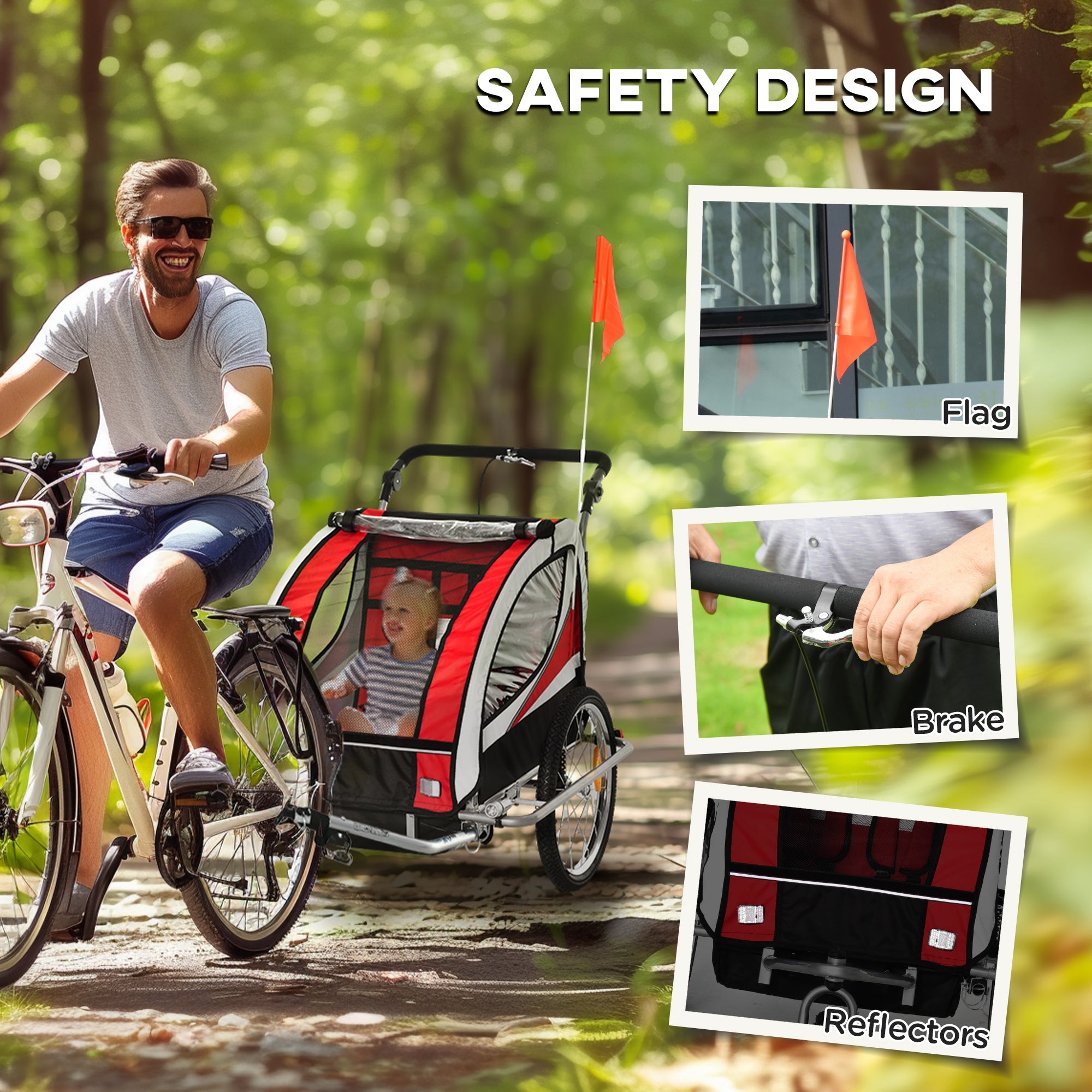 HOMCOM Baby Bike Trailer, Child Bicycle Trailer with 5 Point Harness, Steel Frame, Reflectors, Safety Flag, Hitch Coupler, Red 