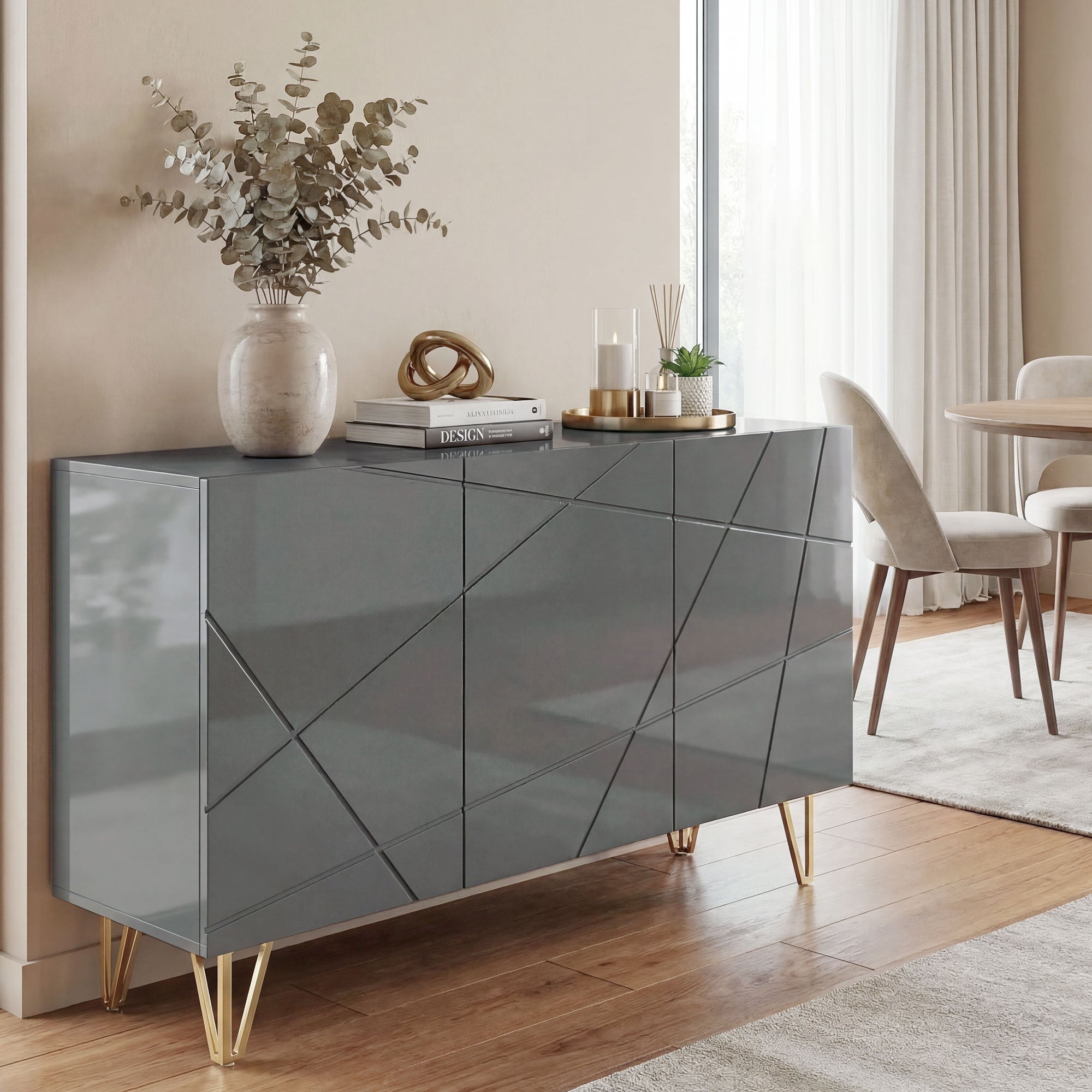 HOMCOM Modern Luxe High Gloss Sideboard, with Hairpin Legs, Grey 