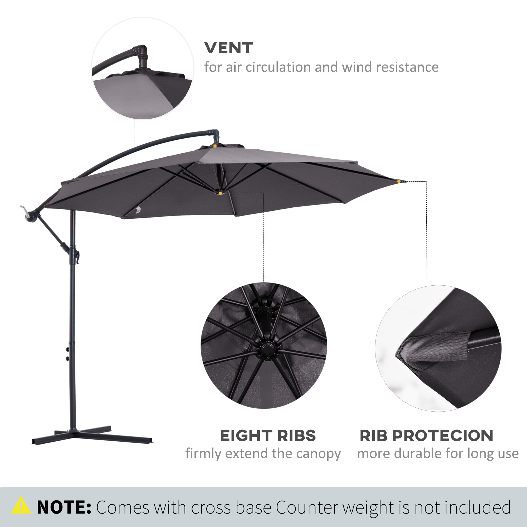 Outsunny Cantilever Umbrella Parasol Hanging Banana Steel Dark Grey 3M Patio 