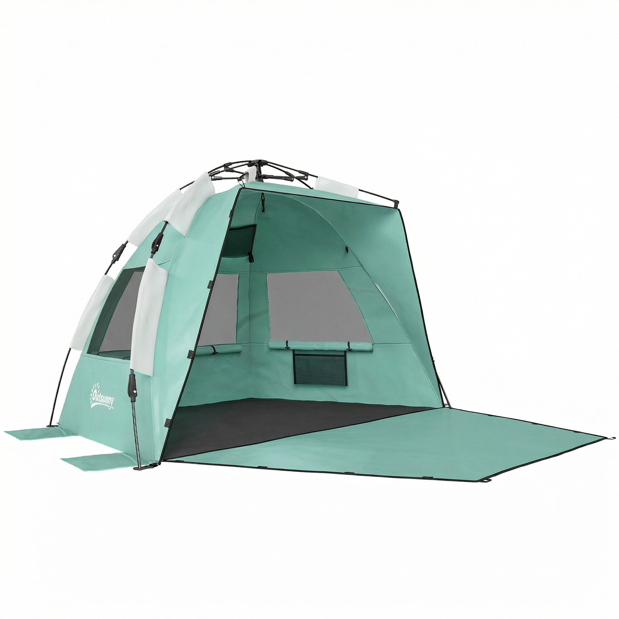 Outsunny 2-3 Person Pop Up Beach Tent, UPF15+ Sun Shelter with Extended Floor, Sandbags, Mesh Windows and Carry Bag, Green 