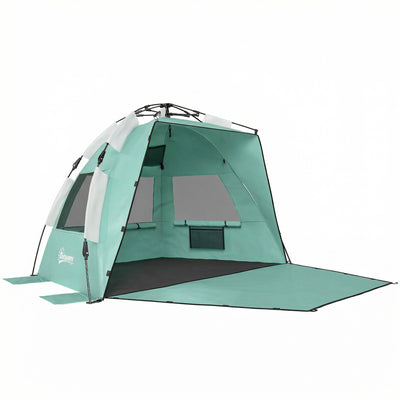 Outsunny 2-3 Person Pop Up Beach Tent, UPF15+ Sun Shelter with Extended Floor, Sandbags, Mesh Windows and Carry Bag, Green 