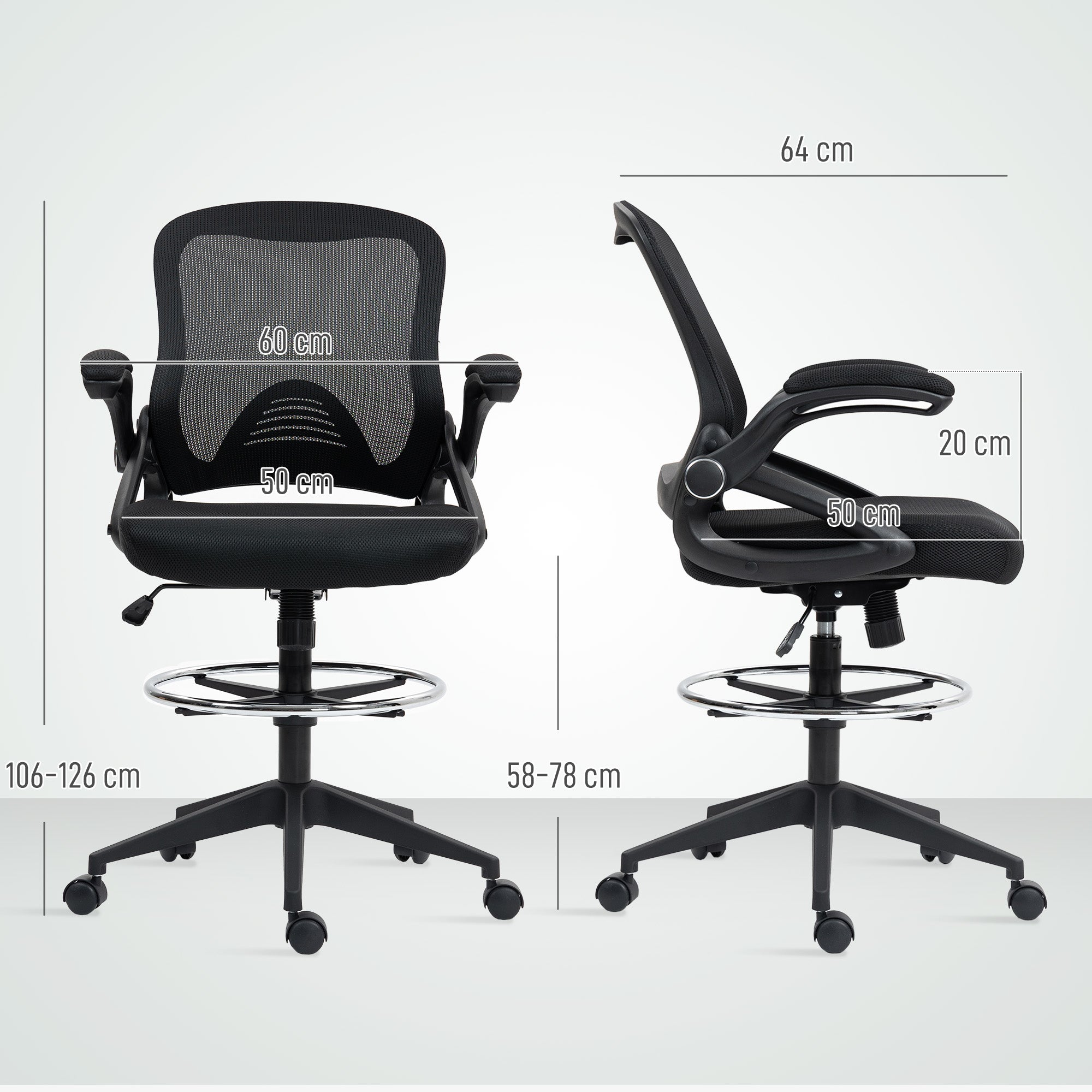 Vinsetto Drafting Chair with Flip-up Armrest, Mesh Office Stool with Foot Ring, 360° Swivel Height Adjustable Chair for Standing Desk, Black 