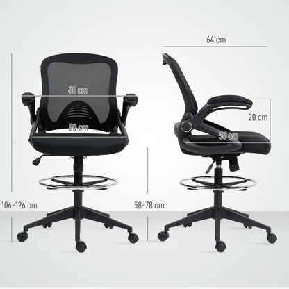 Vinsetto Drafting Chair with Flip-up Armrest, Mesh Office Stool with Foot Ring, 360° Swivel Height Adjustable Chair for Standing Desk, Black 