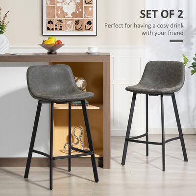 HOMCOM Bar Stools Set of 2, PU Leather Dining Stools with Backrest, Footrest, for Kitchen, Counter, Breakfast Bar, Grey 