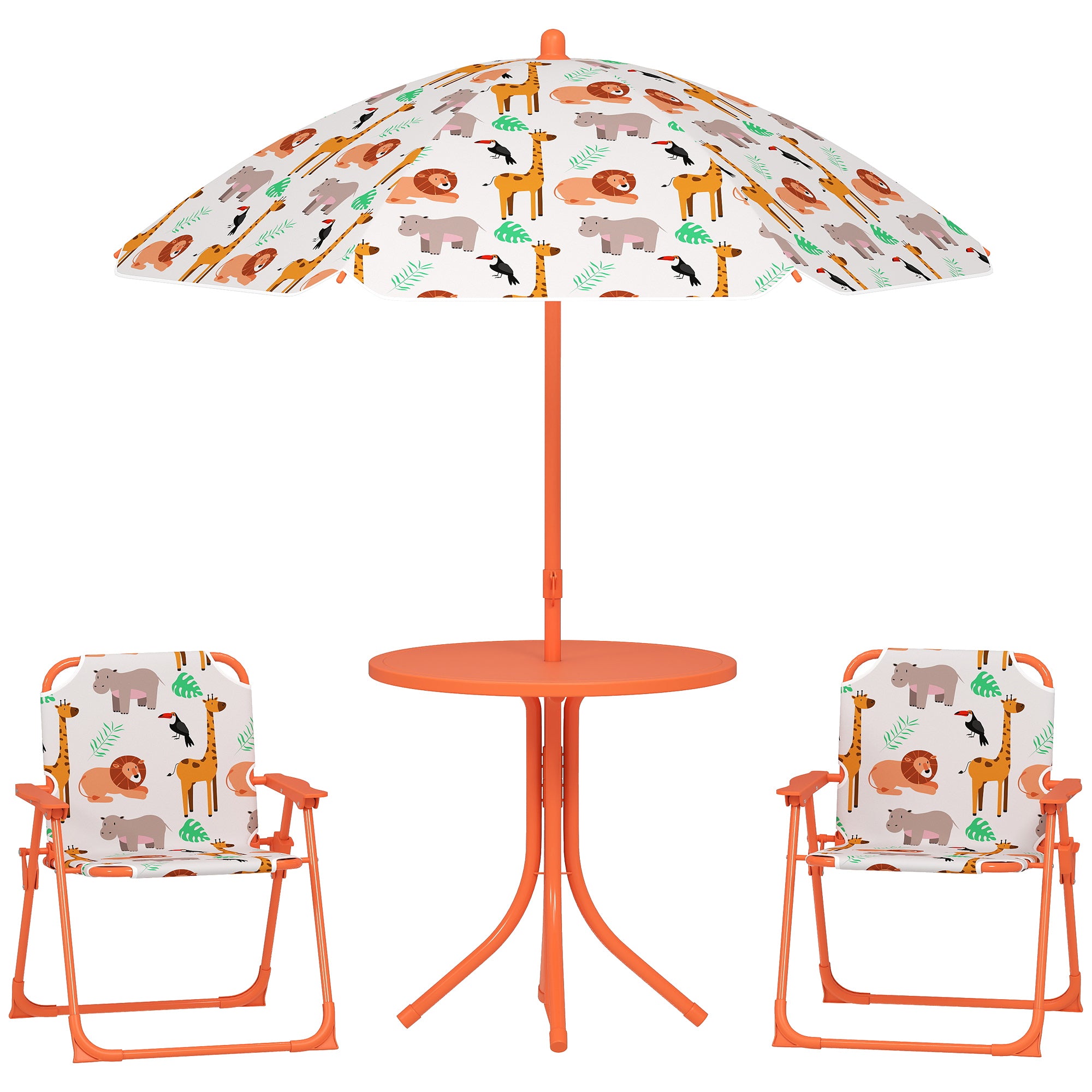 AIYAPLAY Kids Patio Set, Children Table and Chair Set, Outdoor Picnic Table with 2 Folding Chairs and Umbrella, Orange 