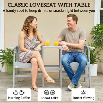 Outsunny Outdoor Garden Loveseat, Embossed Wooden Jack and Jill Garden Seat with Integrated Table, Grey 
