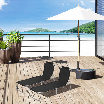 Outsunny 2 Pieces Outdoor Foldable Sun Lounger, 4 Level Adjustable Backrest Reclining Sun Lounger Chair with Angle Adjust Sun Shade Awning for Beach, Garden, Patio, Black 