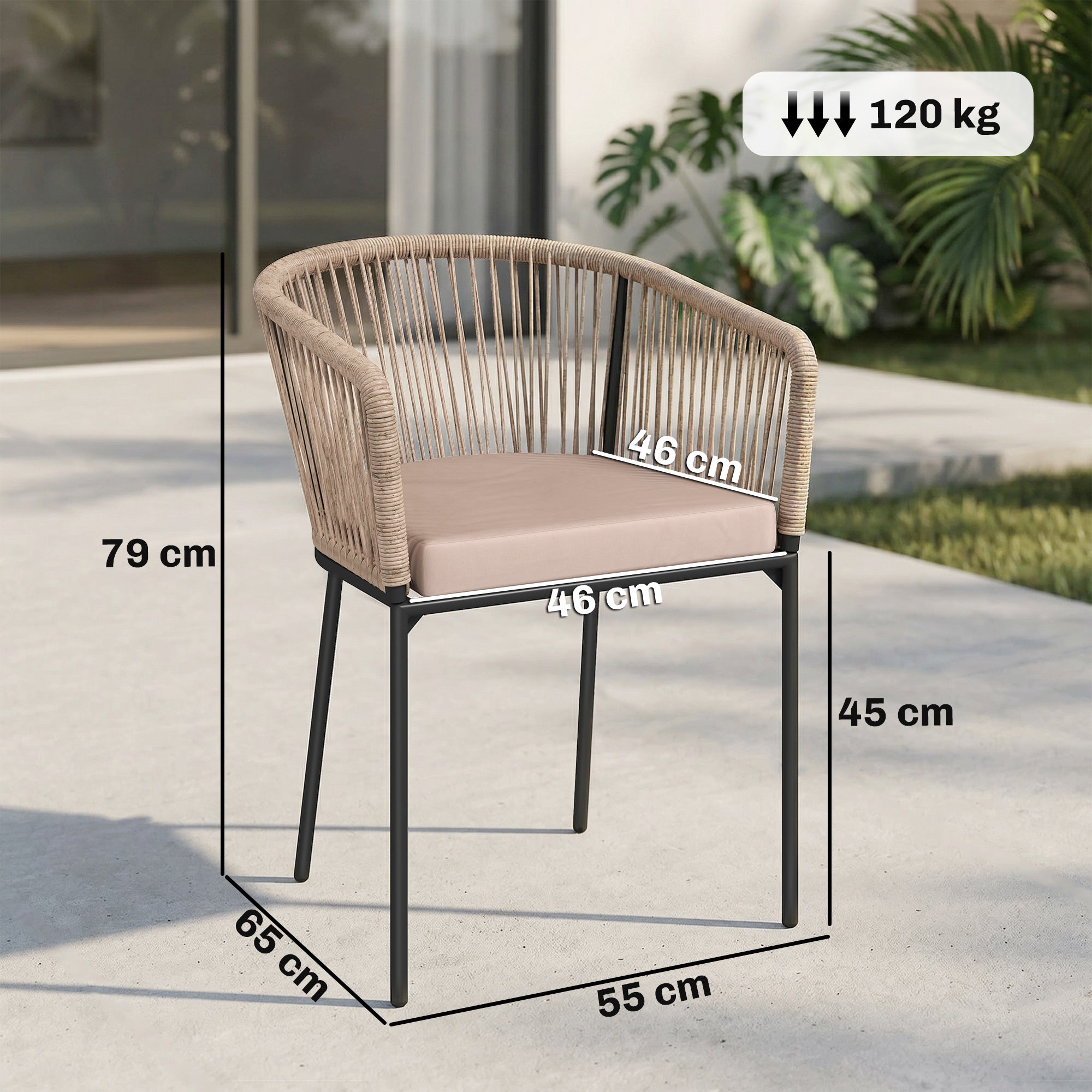 Outsunny Garden Chairs Set of 2, Rattan Garden Dining Chairs with String Back Armrests, Cushions, Natural Wood Finish 
