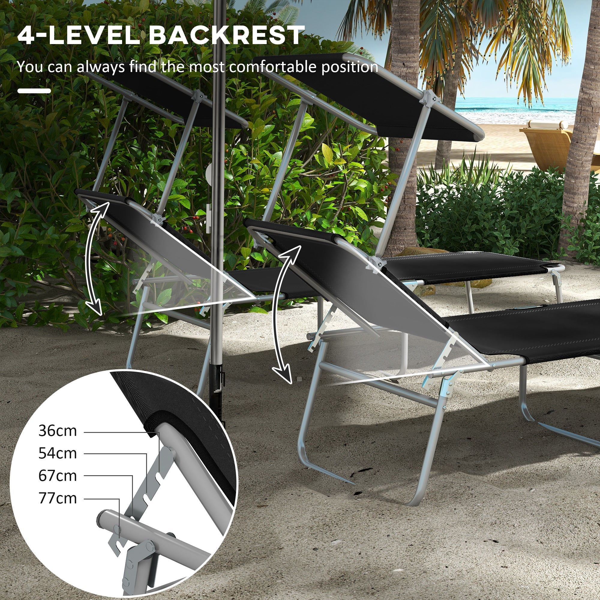 Outsunny Foldable Sun Lounger Set of 2 with Sun Shade & Adjustable Backrest - Black 