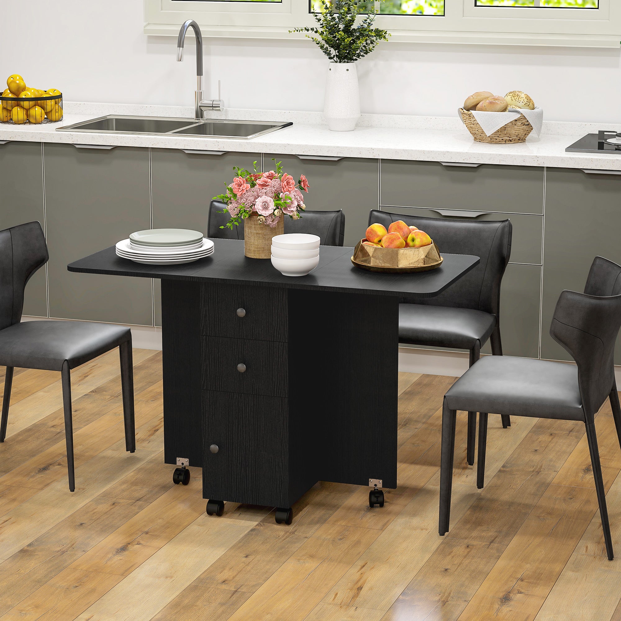 HOMCOM Multi-Storage Six-Person Drop Leaf Dining Table -  Distressed Black 