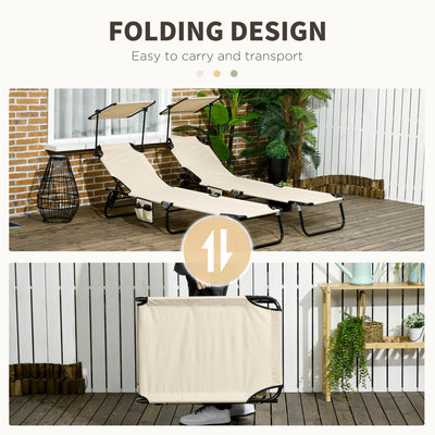 Outsunny 2 Piece Folding Sun Loungers with Canopy, Adjustable Recliner Garden Chairs with Side Pocket, Steel Frame and Breathable Mesh for Outdoor, Pool, Beach, Garden, Tan Brown 