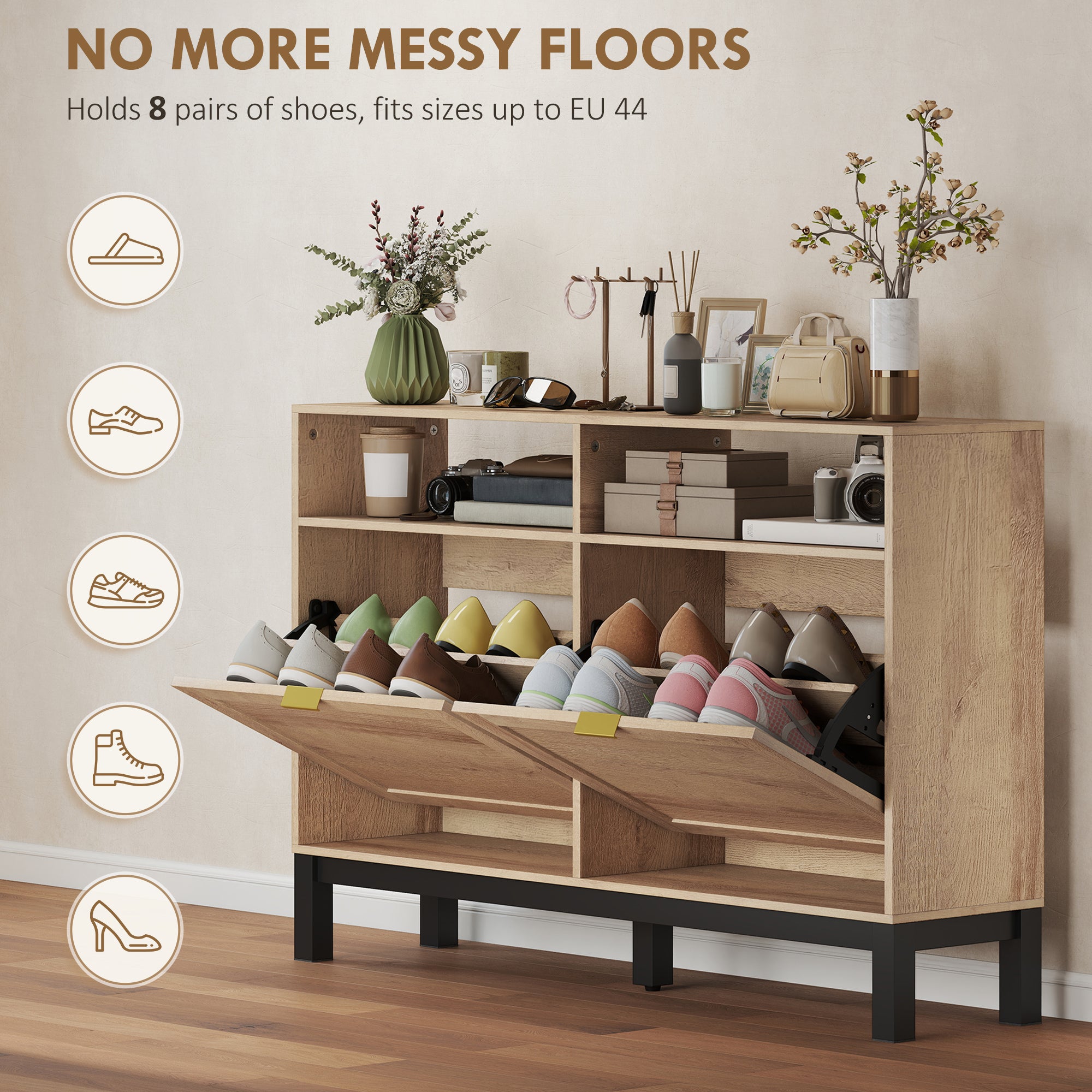 HOMCOM Shoe Cabinet with 2 Flip Drawers, Narrow Shoe Storage Top for Entryway Hallway, Walnut Brown 