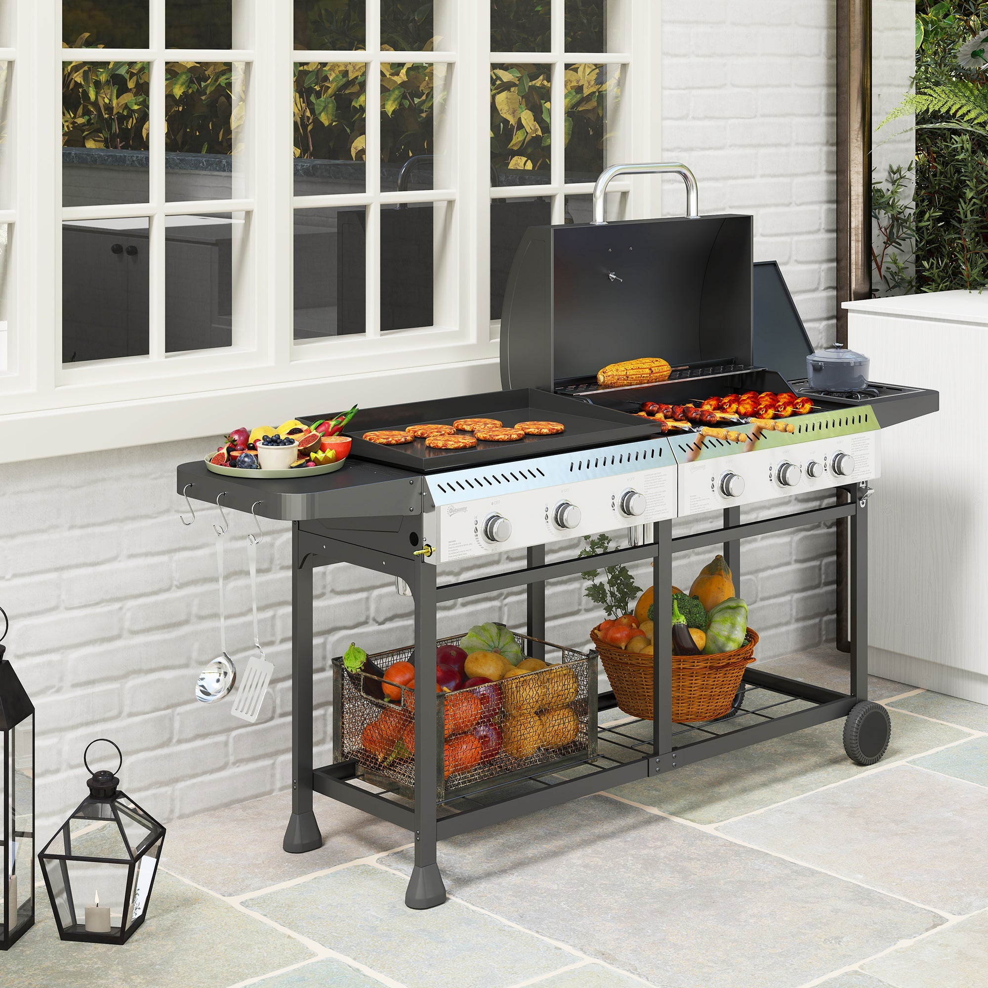 Outsunny Deluxe Duo Gas BBQ, with Grill, Plancha and Side Burner - Black 