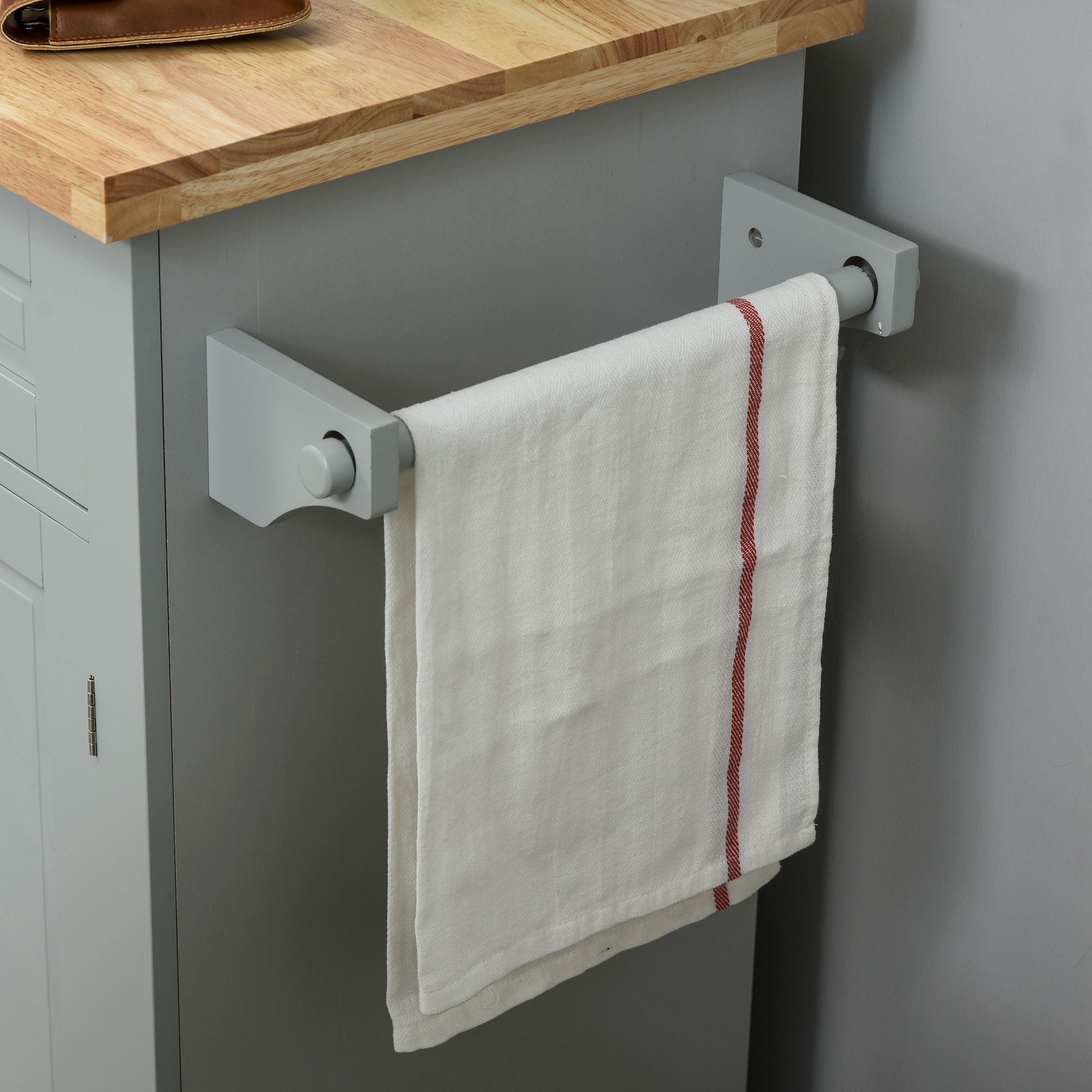 HOMCOM Rolling Kitchen Island Storage Trolley with Rubber Wood Top & Drawers for Dining Room, Grey