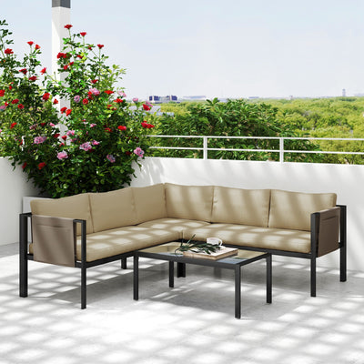 Outsunny 5 Seater Garden Corner Sofa Set, 4 Pieces Metal Garden Furniture Set with Loveseats, Glass Top Coffee Table, Breathable Mesh Pocket, Outdoor Conversation Furniture with Cushions, Khaki 