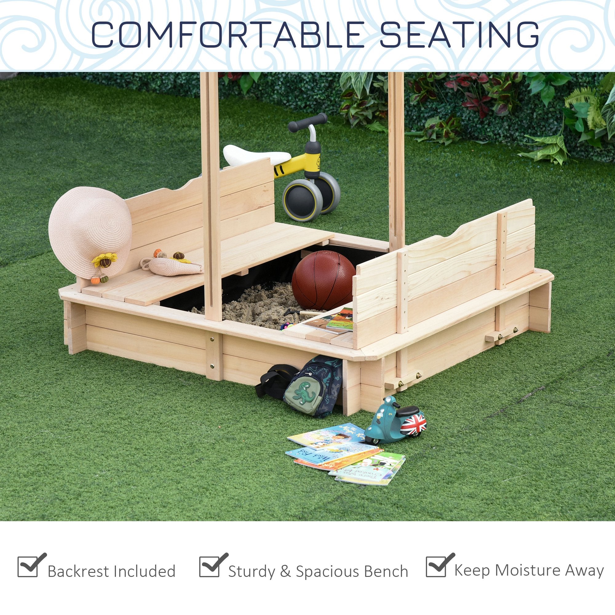 Outsunny Kids Wooden Sand Pit with Lids Children Sandbox Height Adjustable Canopy for Garden, Convertible Bench Seat Outdoor Backyard Playset, Blue and White Canopy 