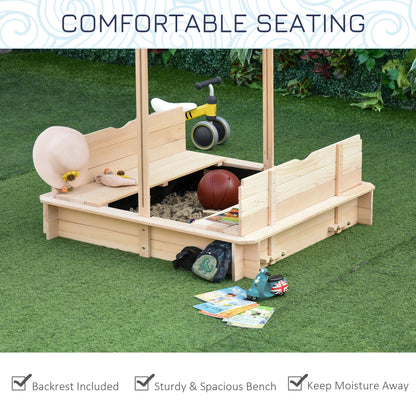 Outsunny Kids Wooden Sand Pit with Lids Children Sandbox Height Adjustable Canopy for Garden, Convertible Bench Seat Outdoor Backyard Playset, Blue and White Canopy 