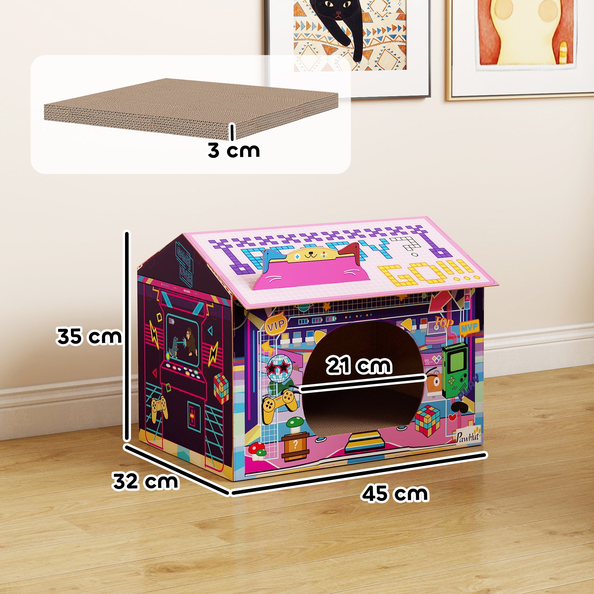 PawHut 2 in 1 Gaming Style Cardboard Cat House with Scratching Board & Catnip for Indoor Cats, Pink 