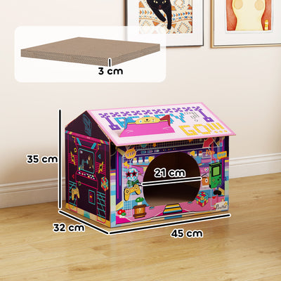 PawHut 2 in 1 Gaming Style Cardboard Cat House with Scratching Board & Catnip for Indoor Cats, Pink 