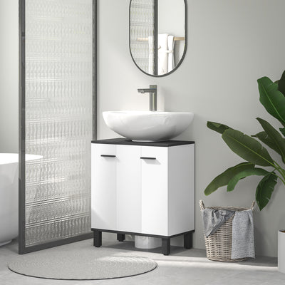 HOMCOM Under Sink Bathroom Cabinet, Modern Under Sink Cabinet with Adjustable Shelf for Basin with or without Pedestal, 60 x 34 x 70cm, High Gloss White 