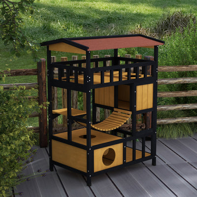 PawHut Outdoor Cat Shelter, Four-Tier Wooden Feral Cat House, with Suspension Bridge, Cat Houses, Balcony, Escape Doors 