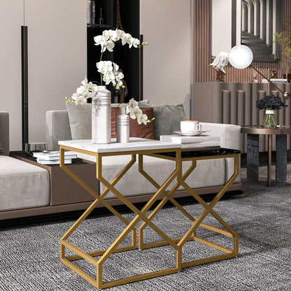 HOMCOM Set of Two Marble-Effect Nesting Tables 