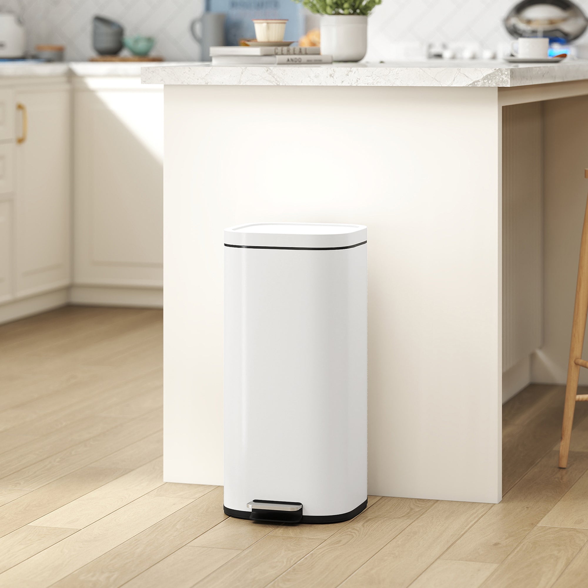 HOMCOM 30L Kitchen Bin, Compact Pedal Bin with Soft-Close and Stay-Open Lid, Removable Bucket for Kitchen, Home, Office, Cream 