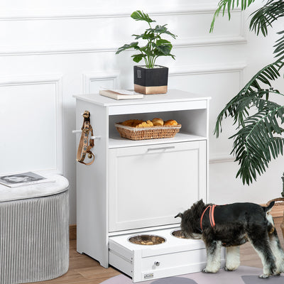 PawHut Pet Feeder Station, Dog, Cat Storage Container, with Raised Bowls, Hanger, Cabinet - White 