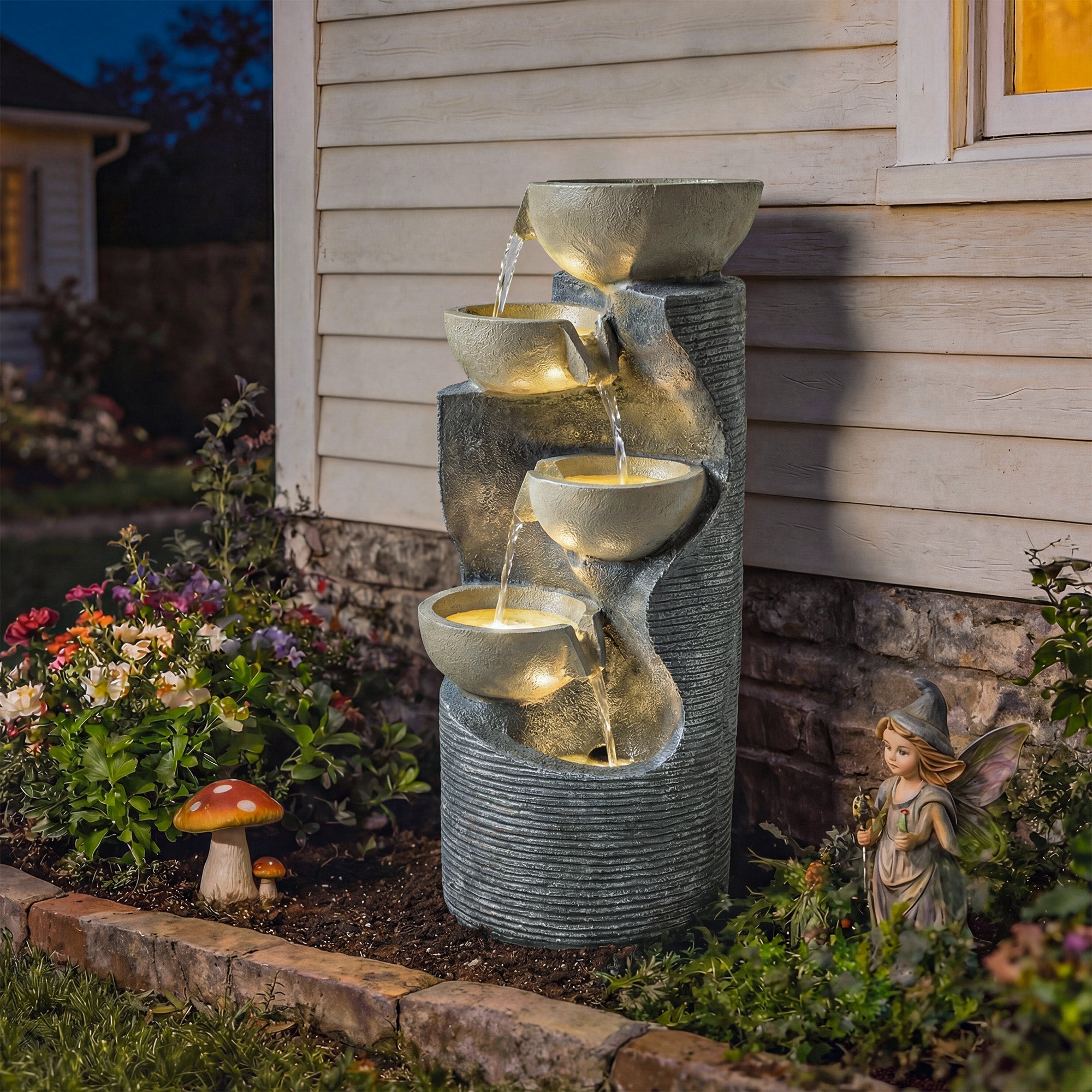 Outsunny Garden Water Feature, Outdoor Water Fountain with LED Lights and Pump, 5 Tier Cascading Waterfall Fountain for Indoor 