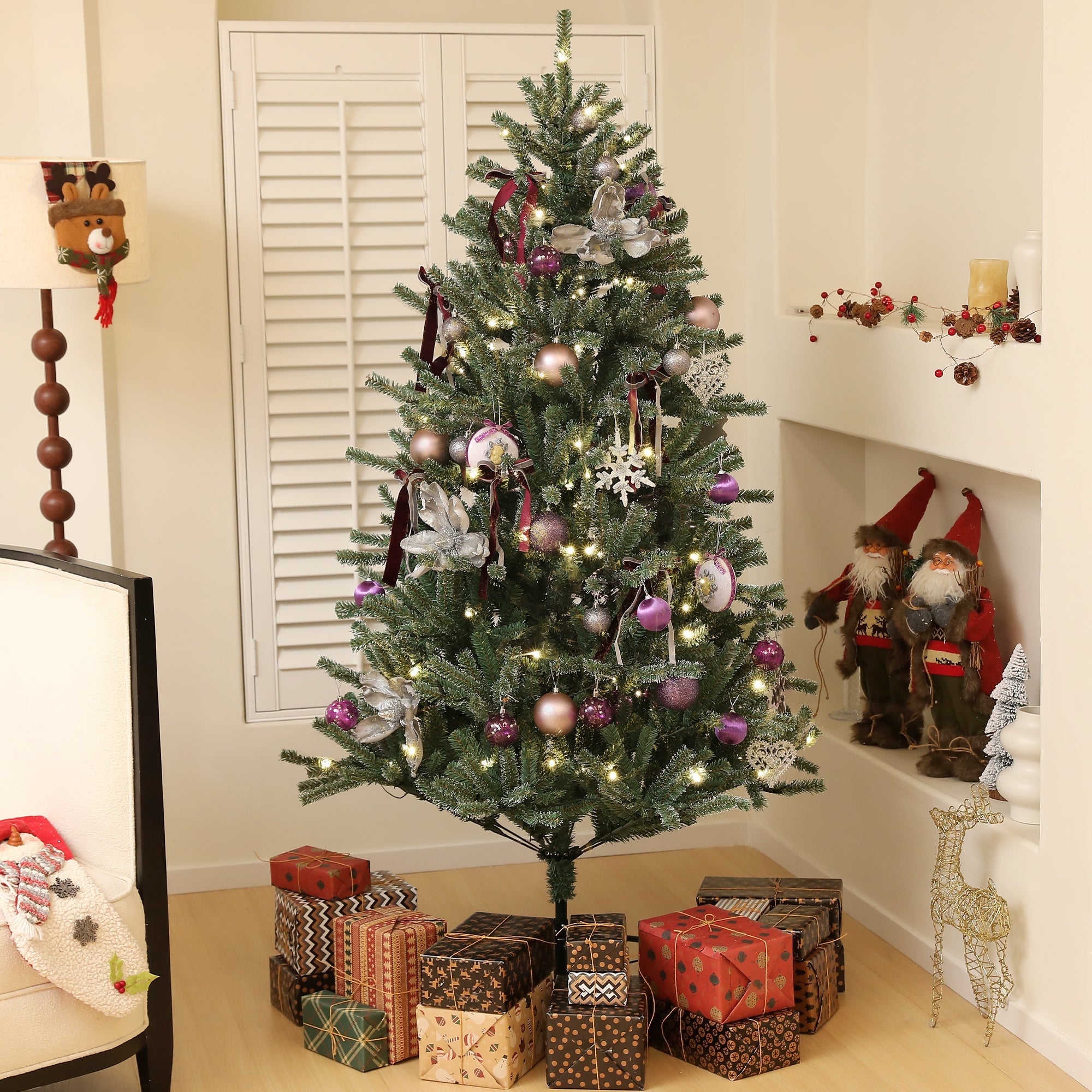HOMCOM 6ft Artificial Christmas Tree, with Purple Decorations and Lights 