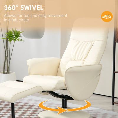 HOMCOM Swivel Recliner Chair with Footstool, PU Leather Armchair and Ottoman with High Back and Round Base for Living Room, Cream White 