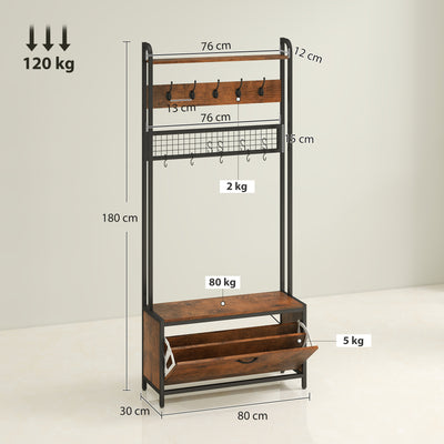 HOMCOM 5-In-1 Industrial-Style Hallway Tree - Brown/Black 
