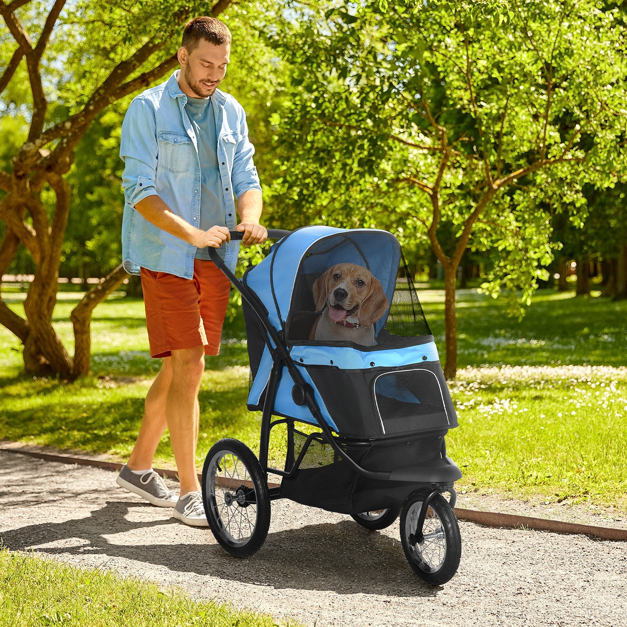 PawHut Dog Pram Dog Stroller Jogger Foldable Pet Pushchair for Medium, Small Dogs, w/ Rubber Wheels, Washable Cushion - Blue 