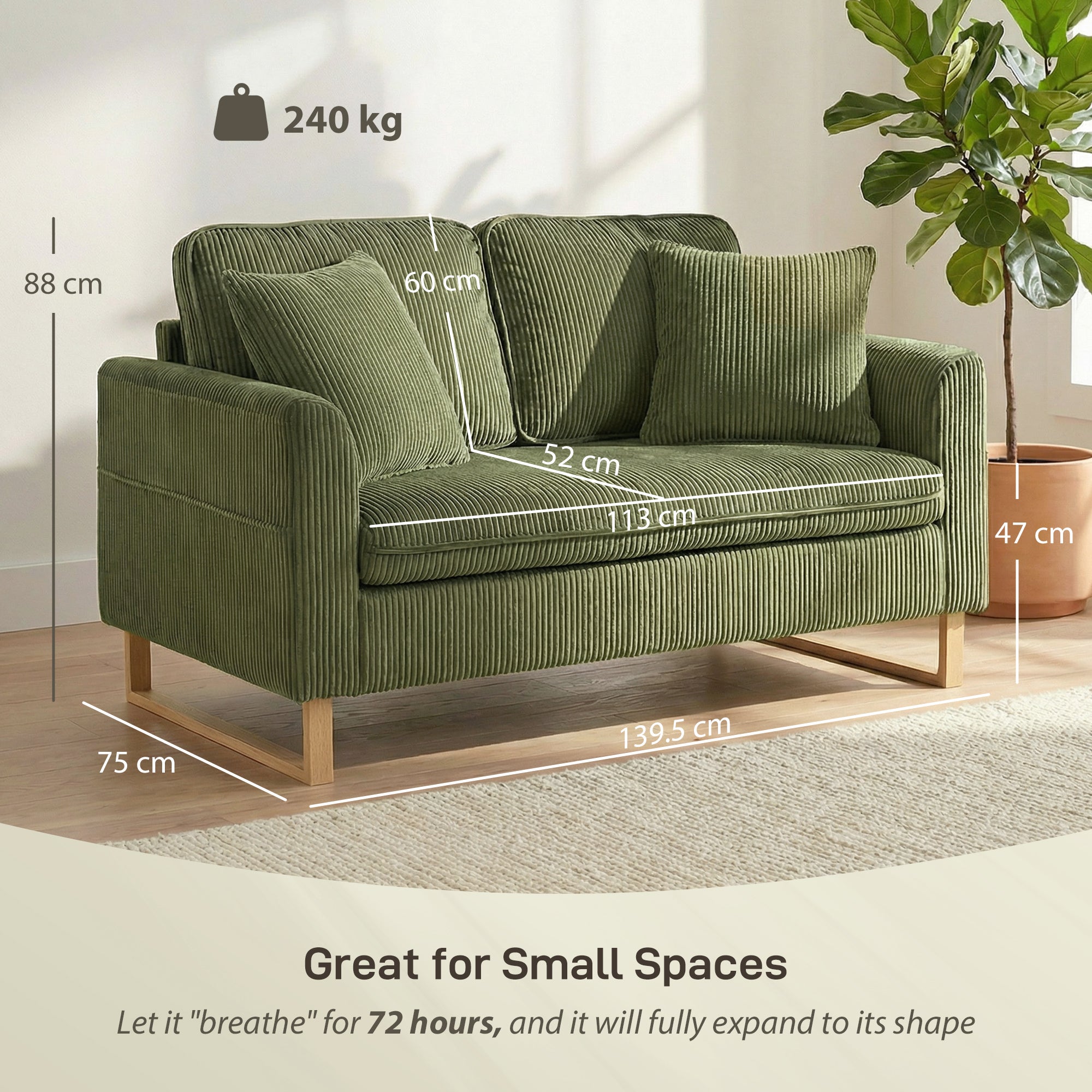 HOMCOM 2 Seater Sofa, 140 cm Loveseat Sofa with Spring Cushions, Metal Legs, 2 Pillows, Dark Green 