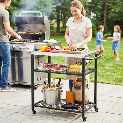 Outsunny Outdoor Grill Cart with Stainless Steel Tabletop, 3-Tier Pizza Oven Stand with 2 Shelves, 6 Hooks, Wheels, Black 