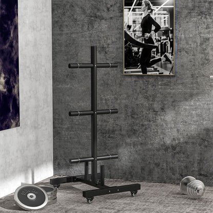 SPORTNOW Weight Rack for Olympic Weight Plate, 3 Tier Weight Tree for 2 inch Plates and Bars, Weight Organiser Stand with 4 Transport Wheels and Clamps for Home Gym, Max Load 200kg, Black 