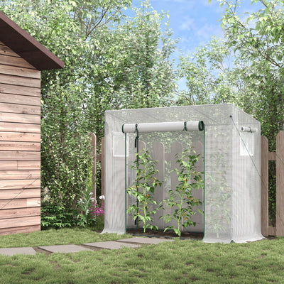 Outsunny Small Walk-in Garden Greenhouse with Steel Frame, Large Roll-up Door and Windows, 200Lx76Wx168Hcm, White 