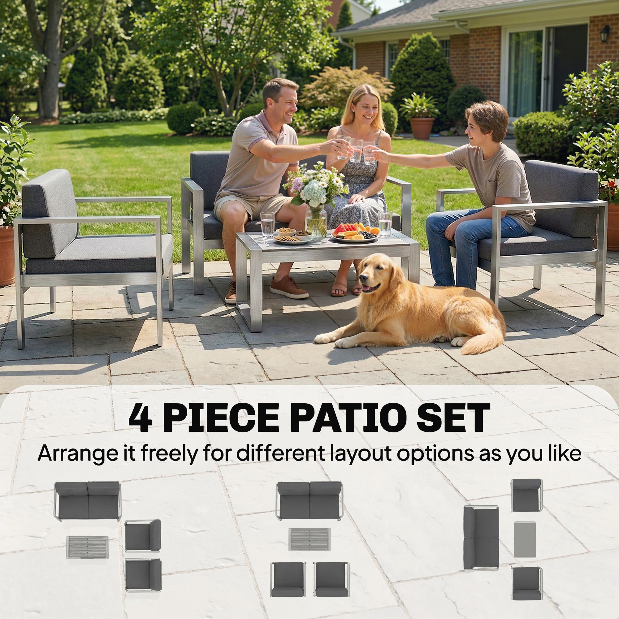 Outsunny 4 Seater Garden Furniture Set, Extra Wide Deep Garden Sofa Set with Olefin Cushions, Brushed Aluminium Frame, Dark Grey 