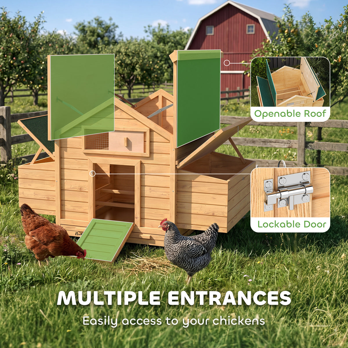 PawHut Chicken Coop, Wooden Outdoor Hen House with Nesting Box, Openable Waterproof Top, Pull-Out Tray, 150 x 100 x 97cm - Yellow