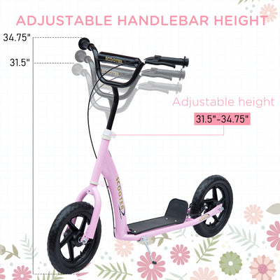HOMCOM Kids Scooter Kick Scooter with 12" EVA Tyres, Rear Brake, Big Wheels Scooter for 5-12 Years Old, Pink 