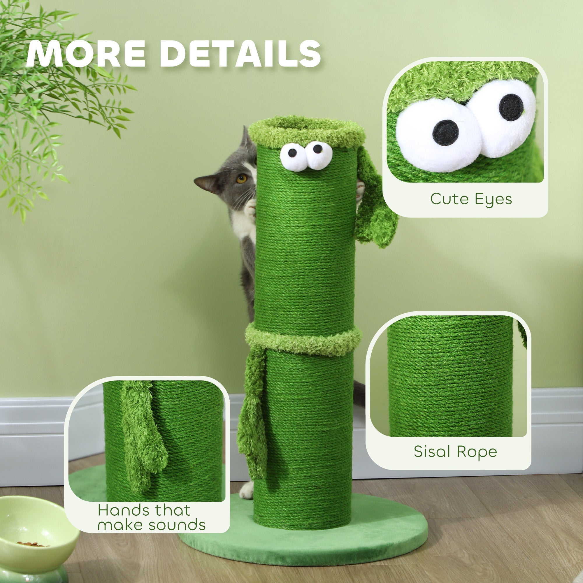 PawHut 63cm Cat Scratching Post for Indoor Cats, with Sisal Rope Cover, Large Base, Green 