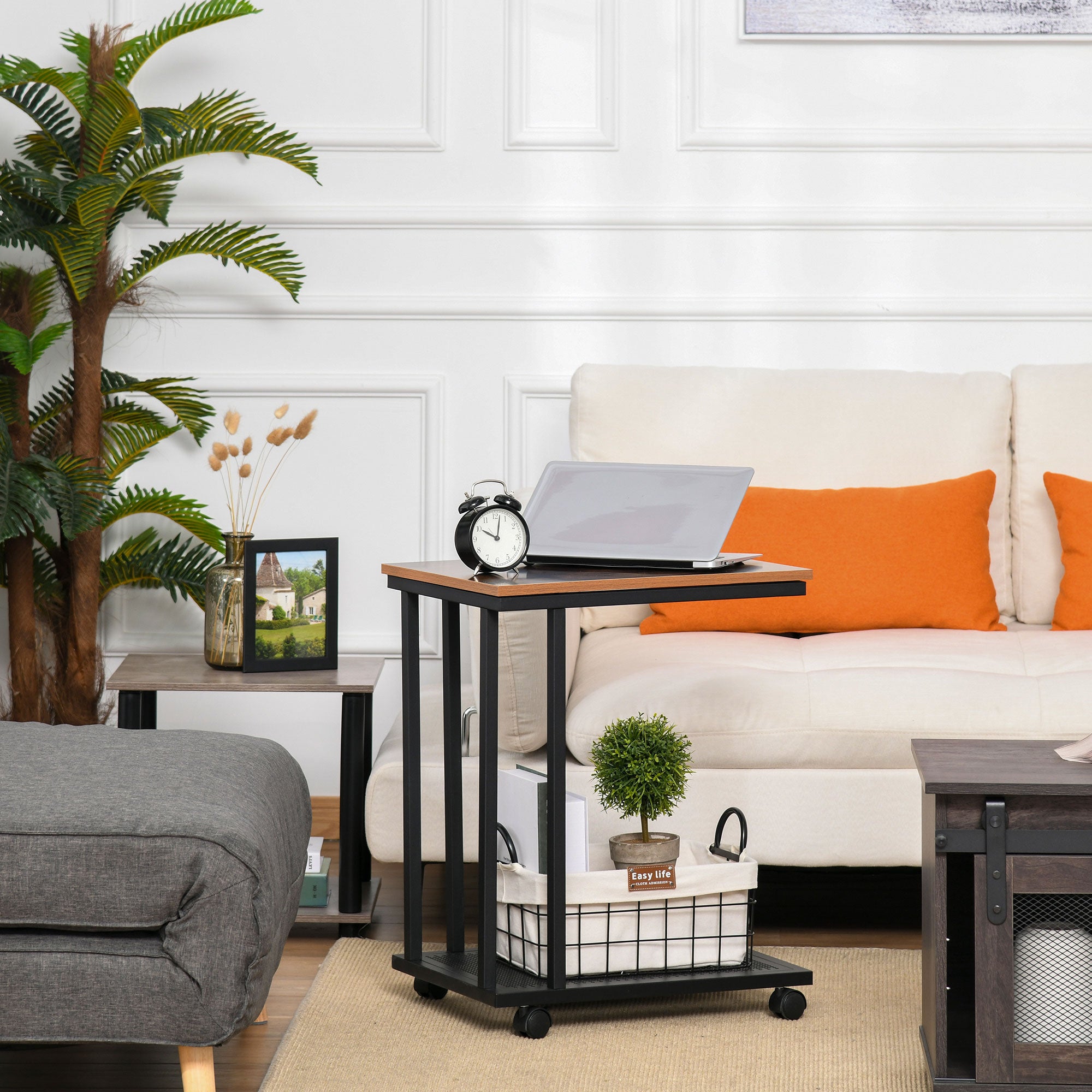 HOMCOM C Shaped Side Table with Wheels, Mobile End Table, Laptop Stand with Metal Frame and Storage Shelf, Rustic Brown 