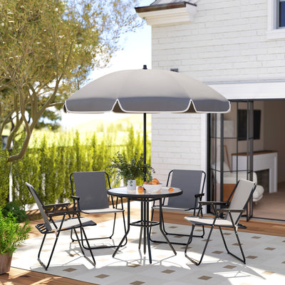 Outsunny 4 Seater Garden Furniture Set, 6 Pieces Garden Table and Chairs with Parasol, Outdoor Garden Dining Set with Folding Chairs and Round Glass Top Table for Patio, Grey 