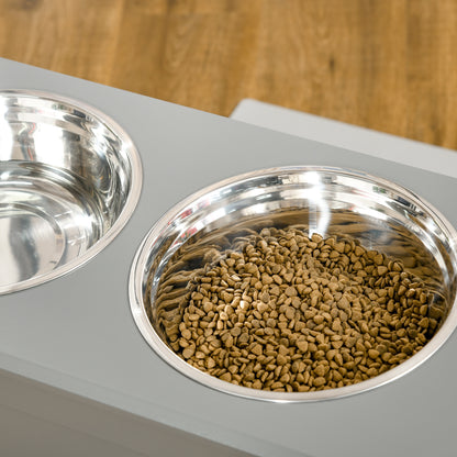 PawHut Raised Dog Bowls, with Storage, Two Stainless Steel Bowls, Elevated Base - Grey 