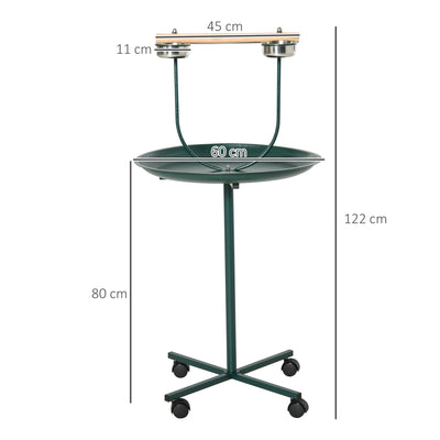 PawHut Bird Perch Stand with Perch, Four Wheels, Feeding Bowls for Small & Medium Birds, Green 